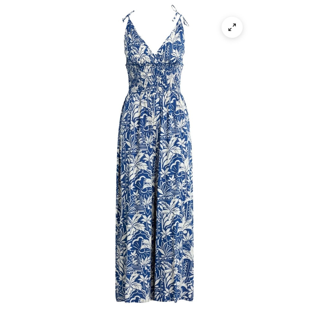 Patrons of Peace Floral Smocked Wide Leg‎ Jumpsuit Womens L Blue White Tropical